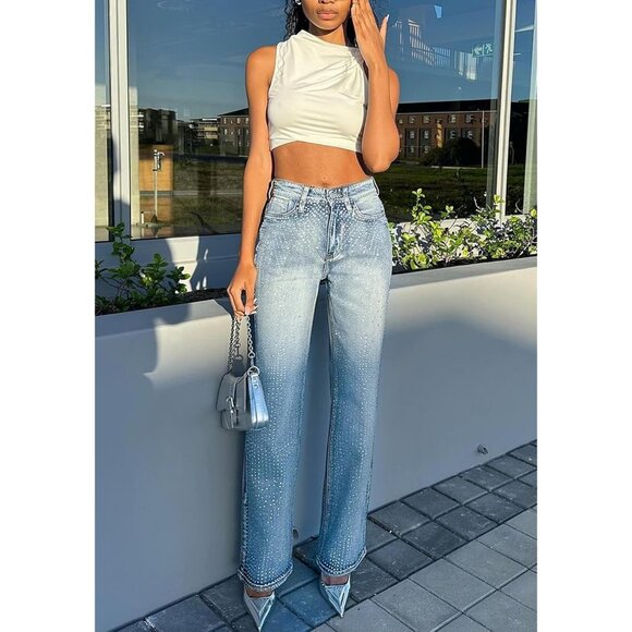 Women’s Rhinestone Glitter Jeans Baggy High Waist Wide Leg Y2K Style - Picture 5 of 8
